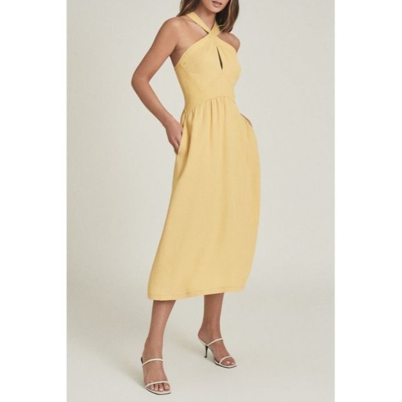 🆕REISS Orla Halter Midi Dress Yellow 10 - Picture 3 of 15